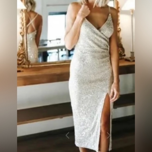 NWT Baltic Born Annabel Sequin Midi Dress Size XS Ivory Sequins Lined Stretch - Picture 2 of 16